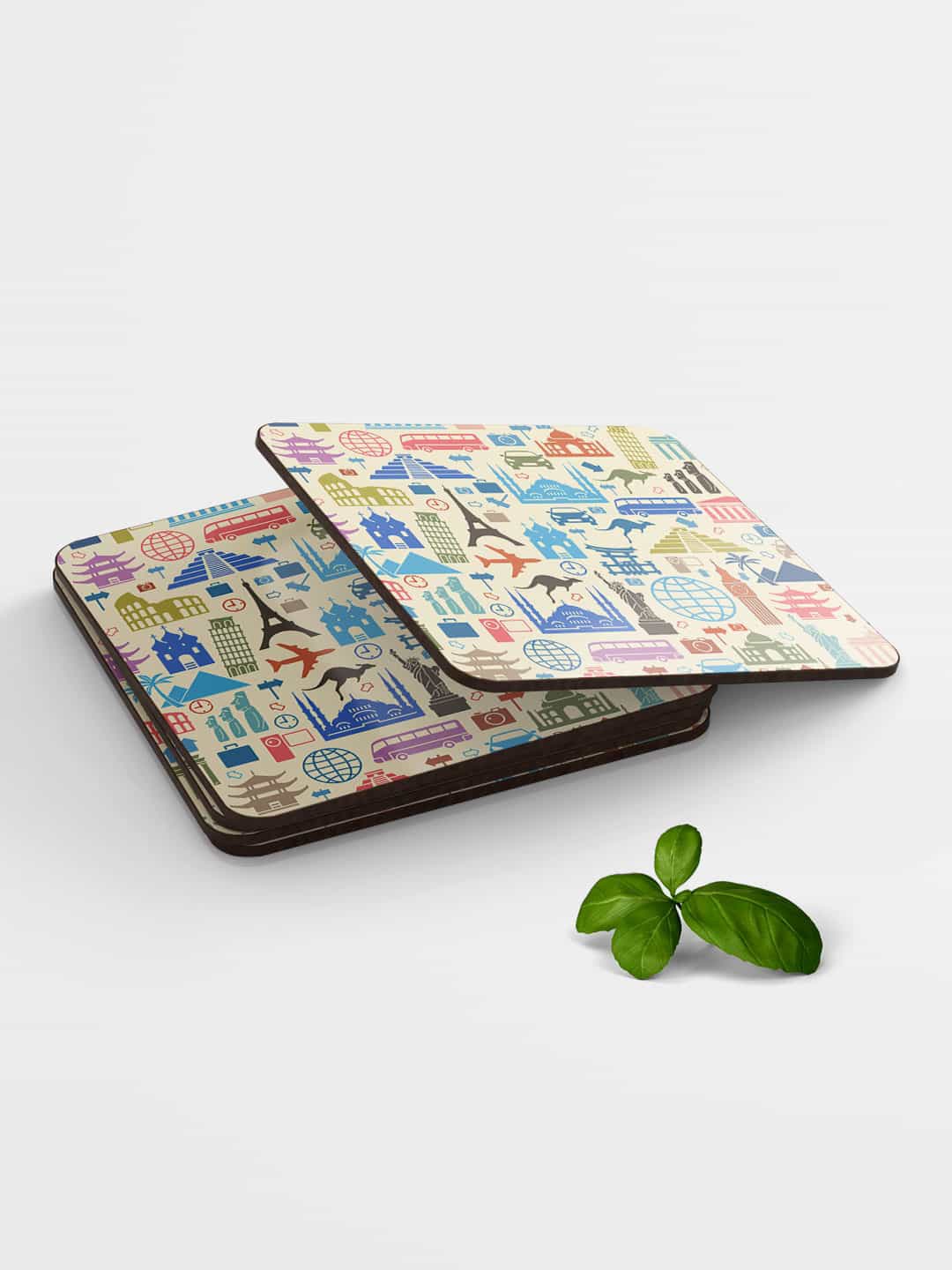 

macmerise Cream-Colored & Blue Travel Lover Design Square MDF Wooden Coaster