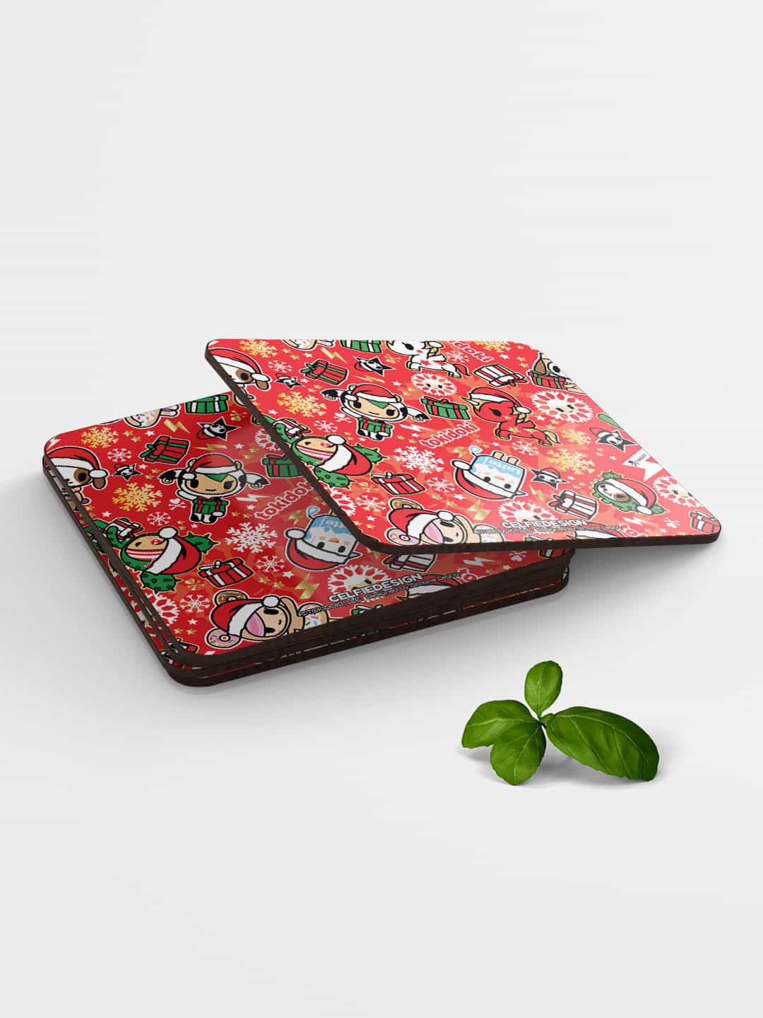

macmerise Red & White TD Festive Cheer Design Square MDF Wooden Coaster