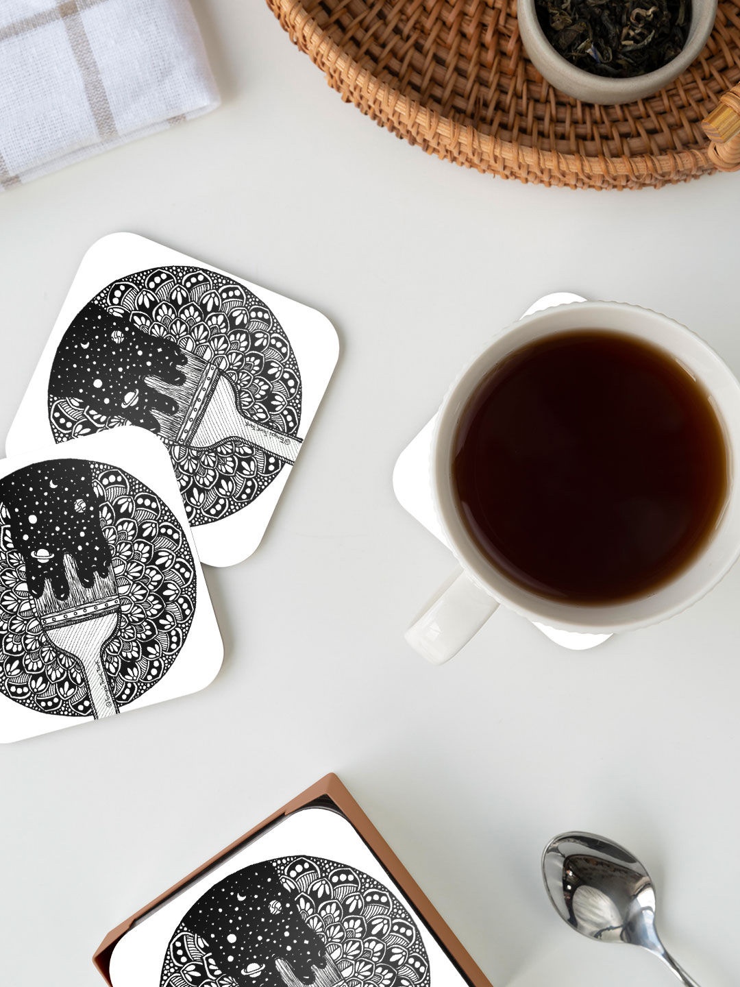 

macmerise White & Black Paintbrush Design Square MDF Wooden Coaster