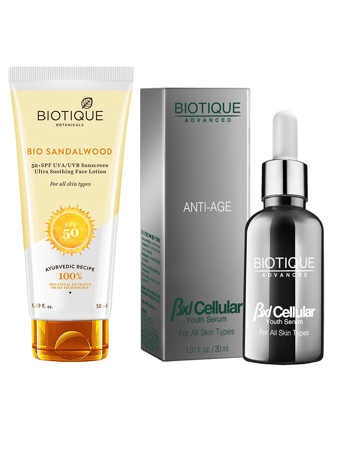 

Biotique BXL Cellular Youth Serum & Bio Sandalwood SPF 50+ Lotion Combo, Silver
