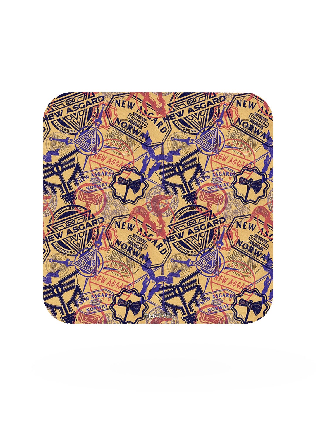 

macmerise Beige & Blue New Asgard Stamps Design Square MDF Wooden Coaster
