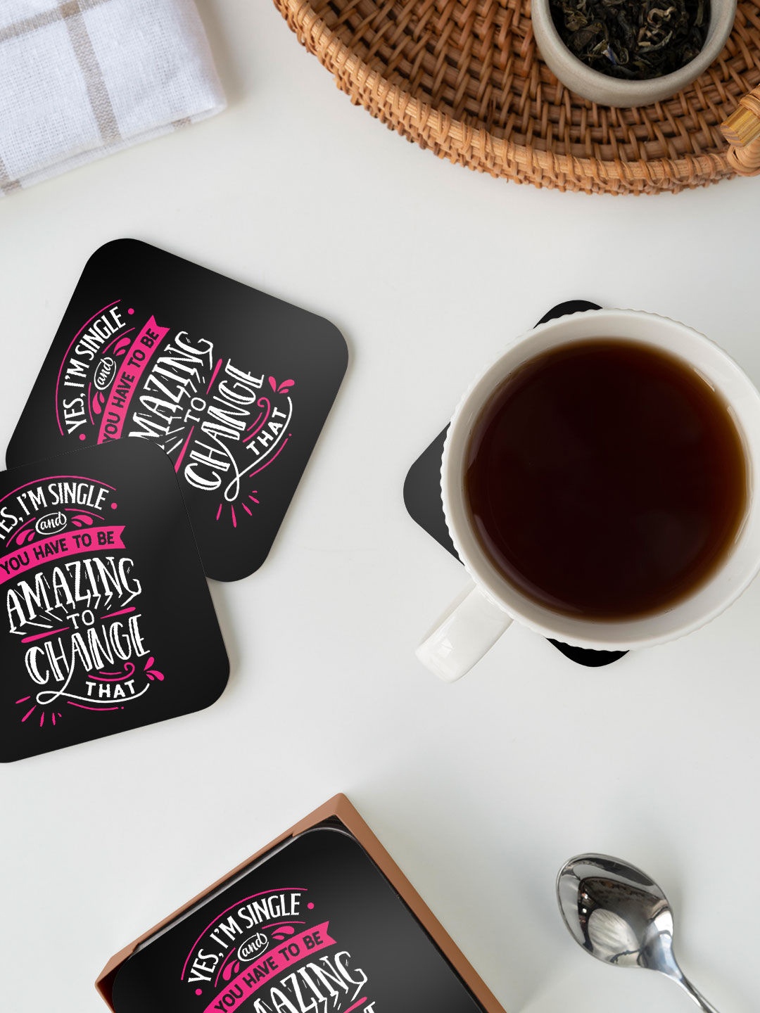 

macmerise Black & White Valentine I Am Single Design Square MDF Wooden Coaster