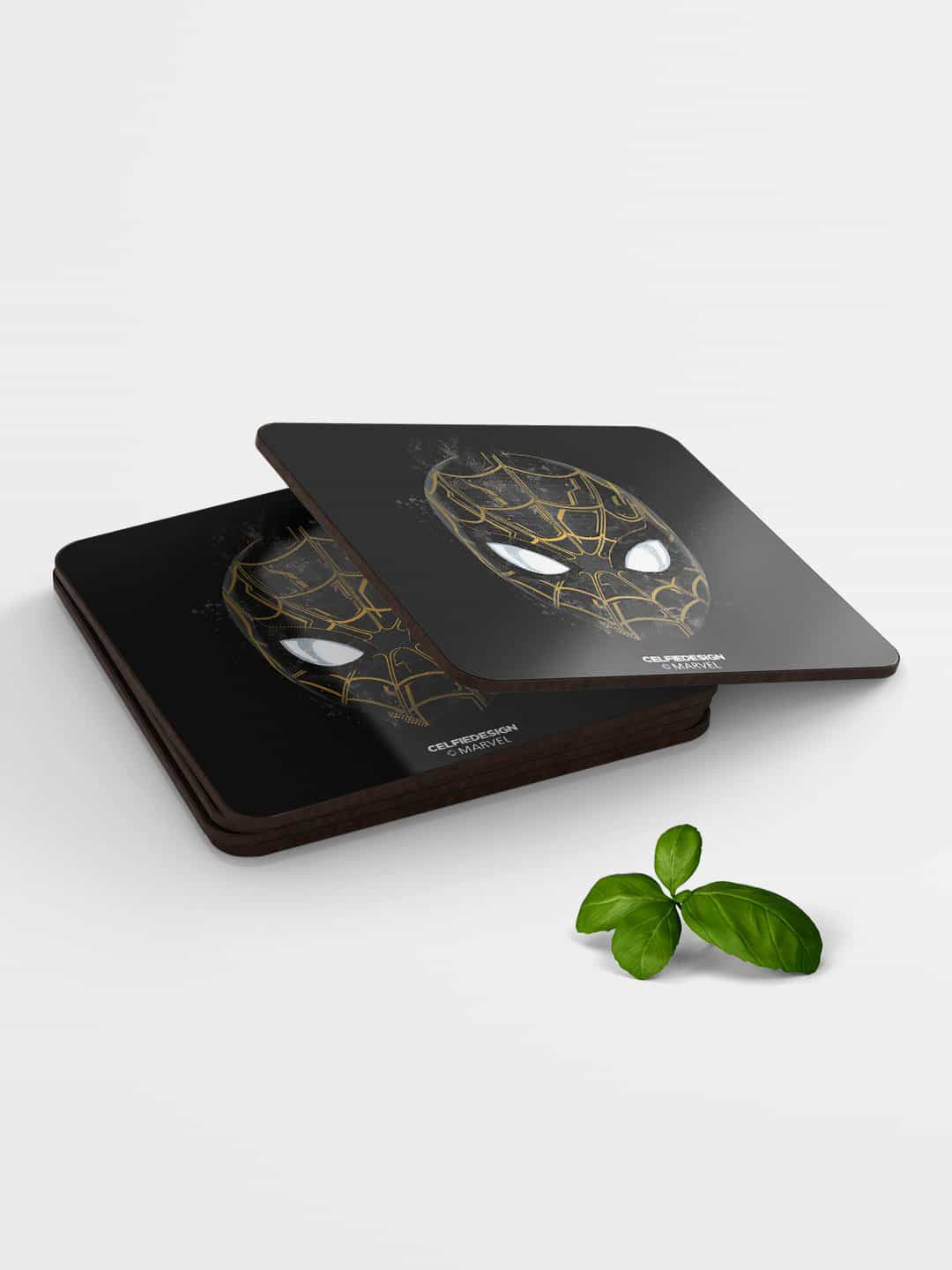 

macmerise Black & White Spidey Black and Gold Design Square MDF Wooden Coaster
