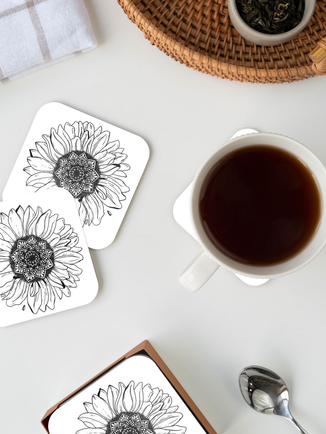 

macmerise White & Black Sunflower Design Printed MDF Wooden Square Coaster