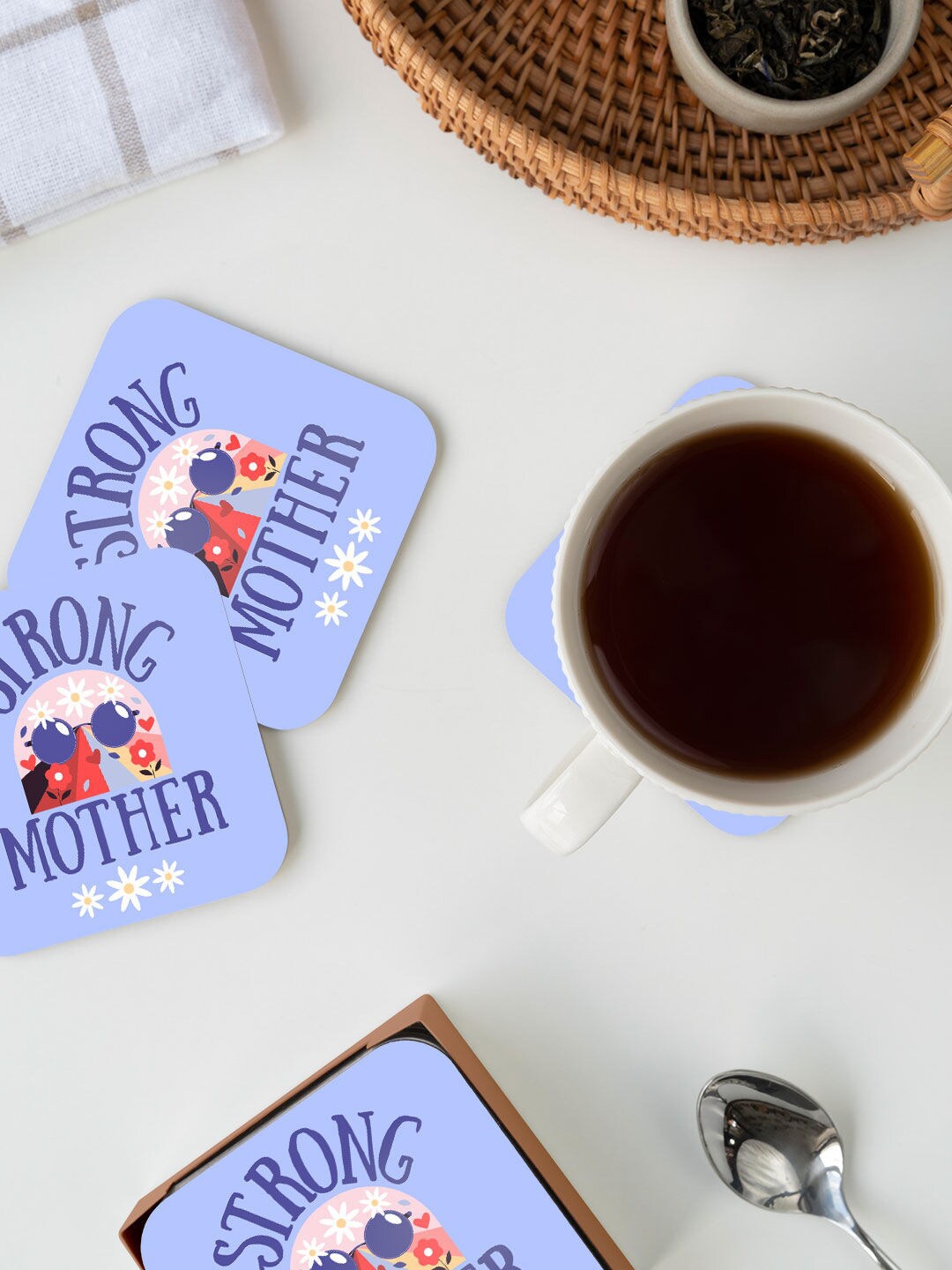 

macmerise Blue & Red Strong Mother Design Square MDF Wooden Coaster