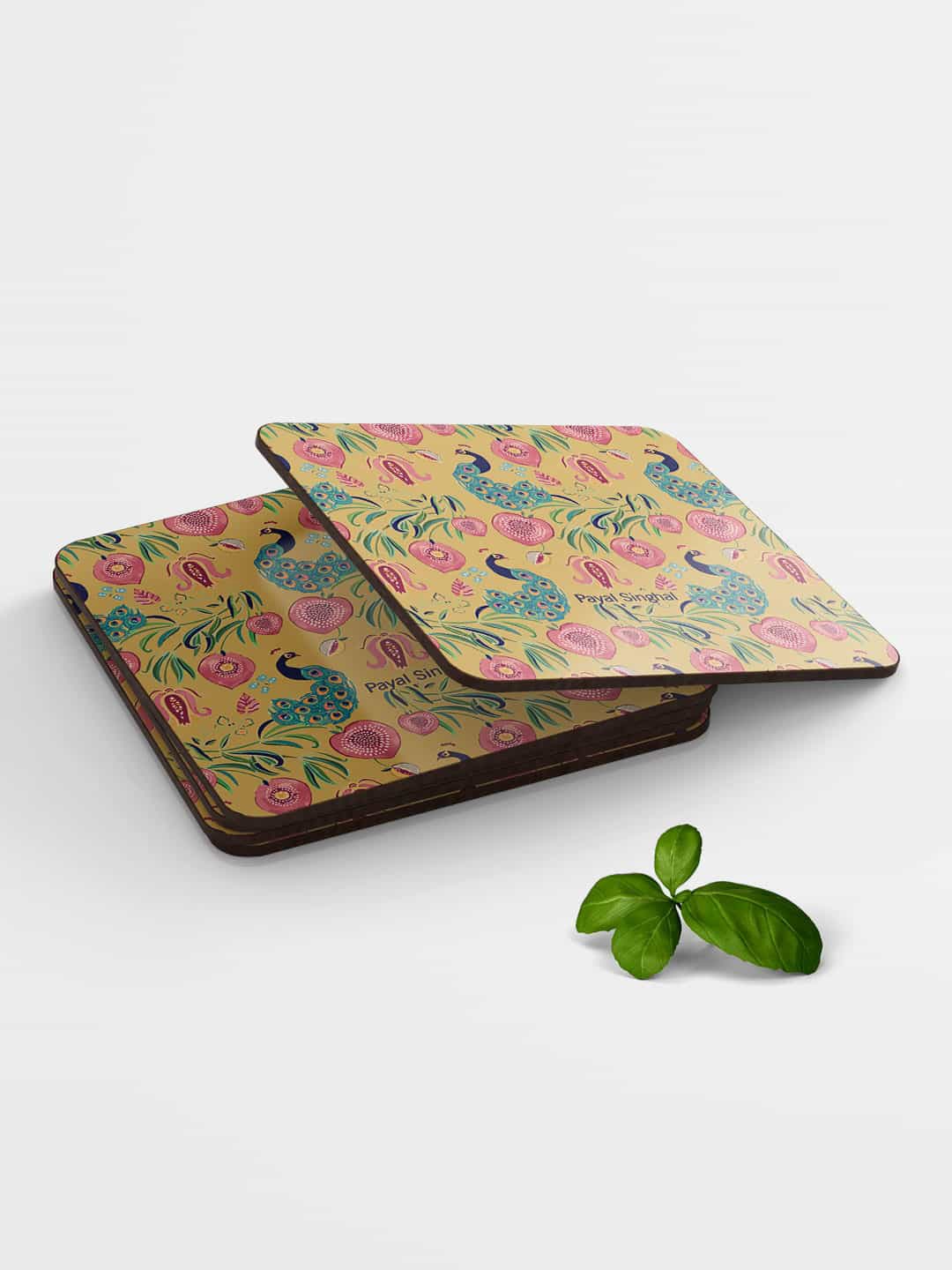 

macmerise Yellow & Red Payal Singhal Anaar and Mor Must Square MDF Wooden Coaster