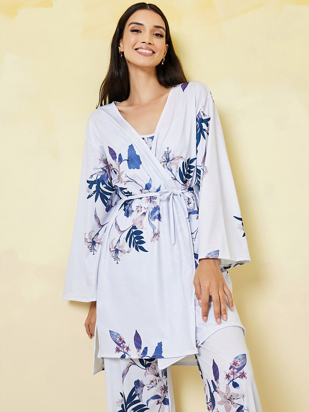 

Styli 3 Piece Floral Printed Night Suit, Blue