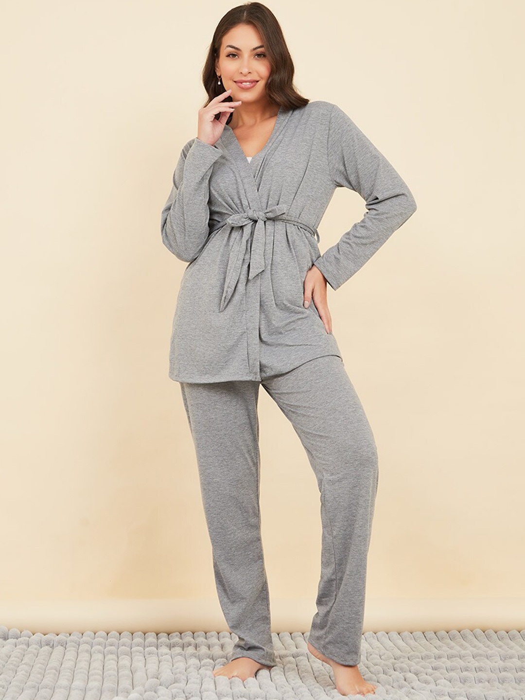 

Styli 3 Pieces Shoulder Straps Night Suit, Grey