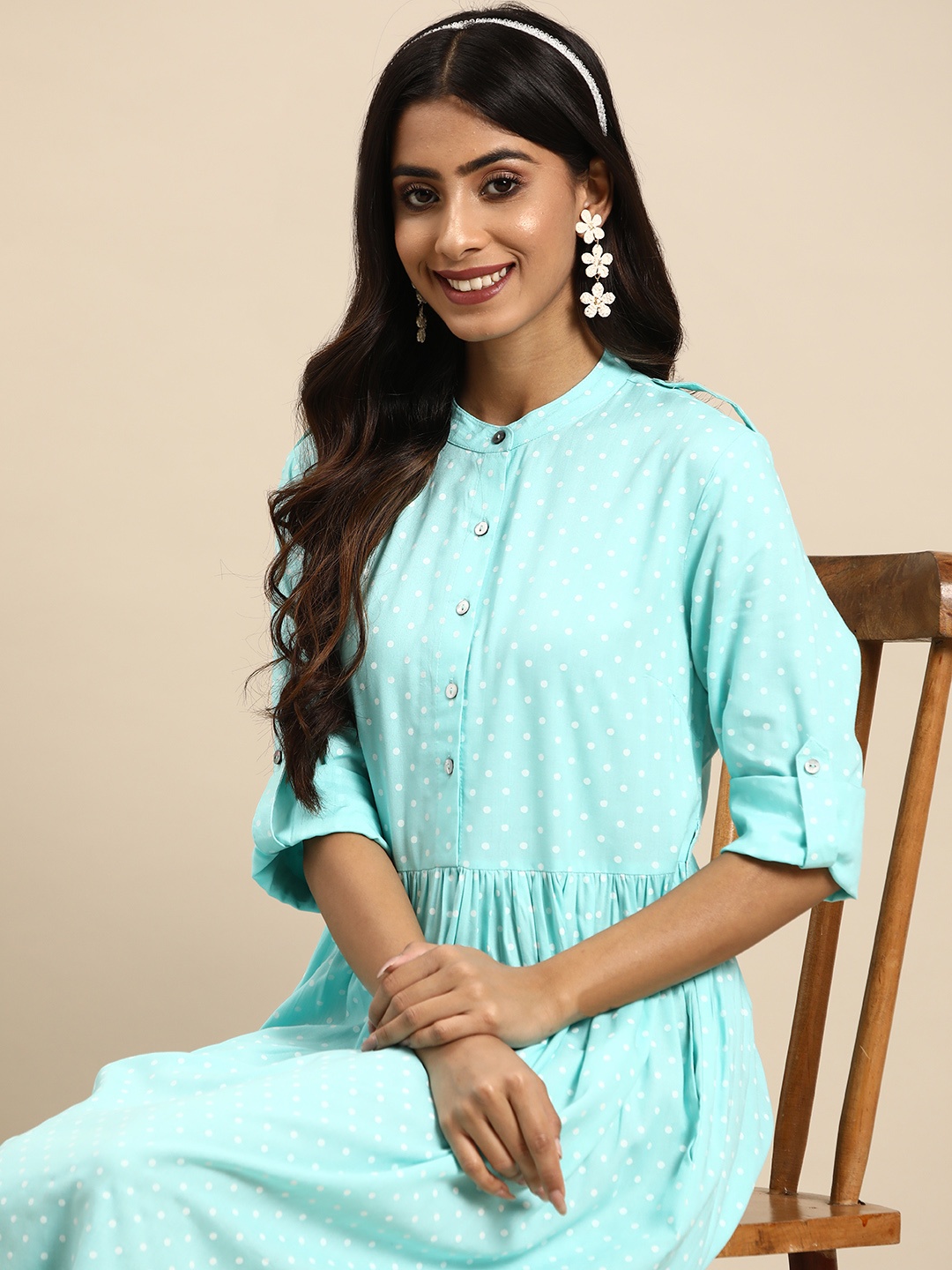 

Sangria Polka Dot Printed A-Line Midi Dress, Sea green
