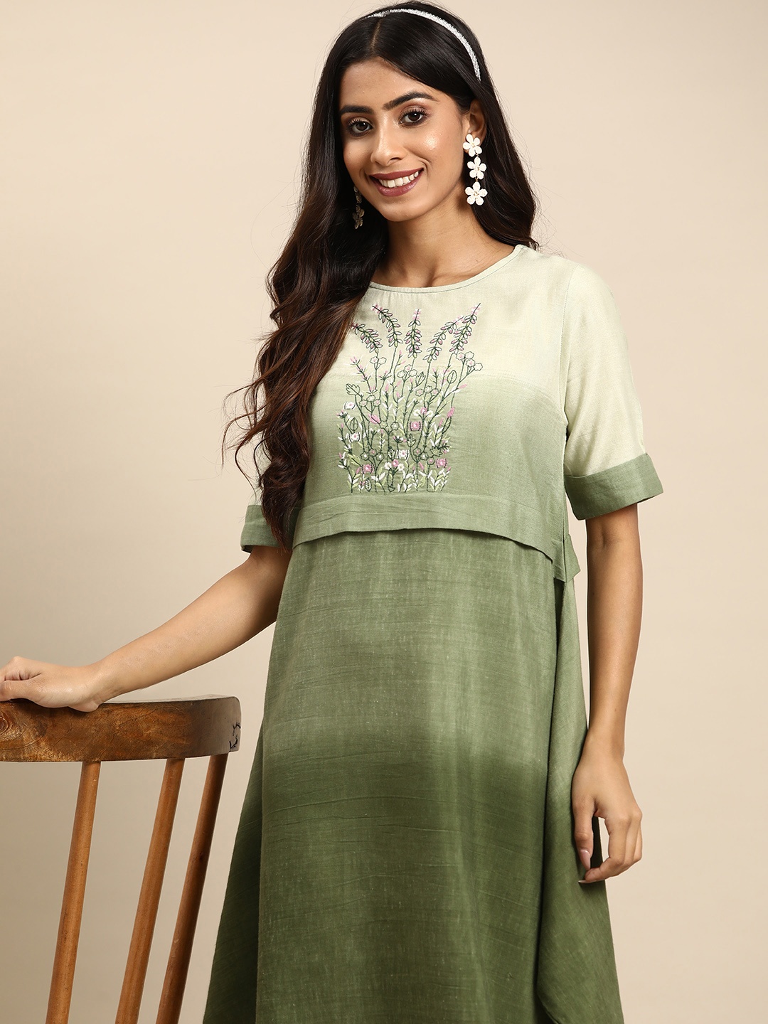 

Sangria Floral Embroidered A-Line Midi Dress, Olive