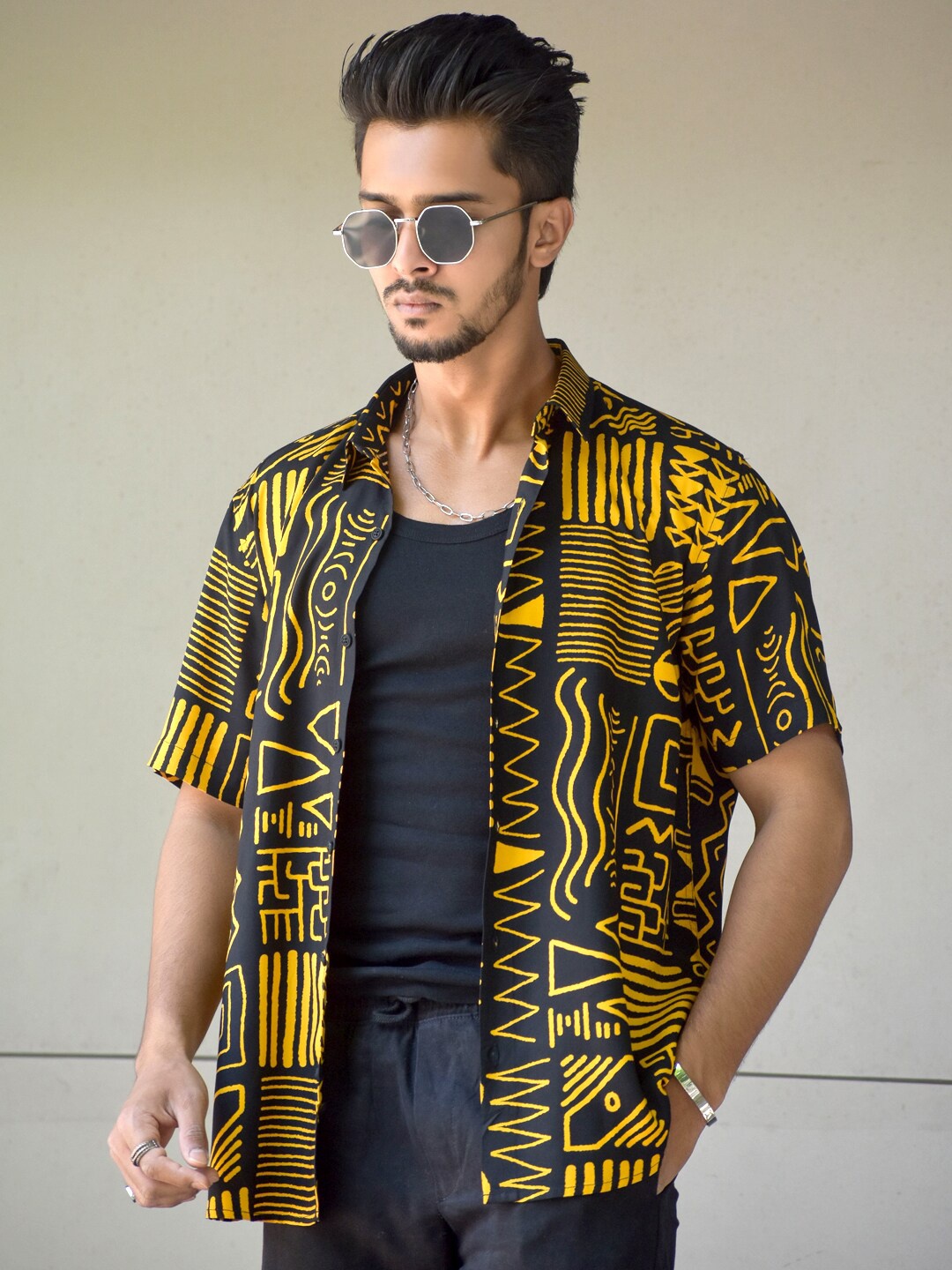 

Powerlook Yellow & Black Geometric Printed Casual Shirt