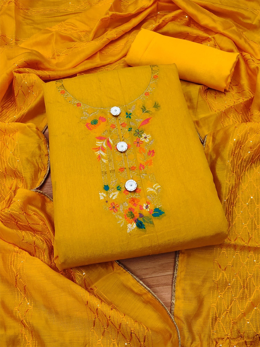 

KALINI Floral Sequinned Embroidered Unstitched Dress Material, Yellow