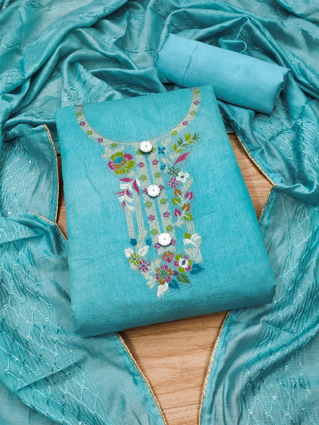 

KALINI Printed Embroidered Unstitched Dress Material, Blue