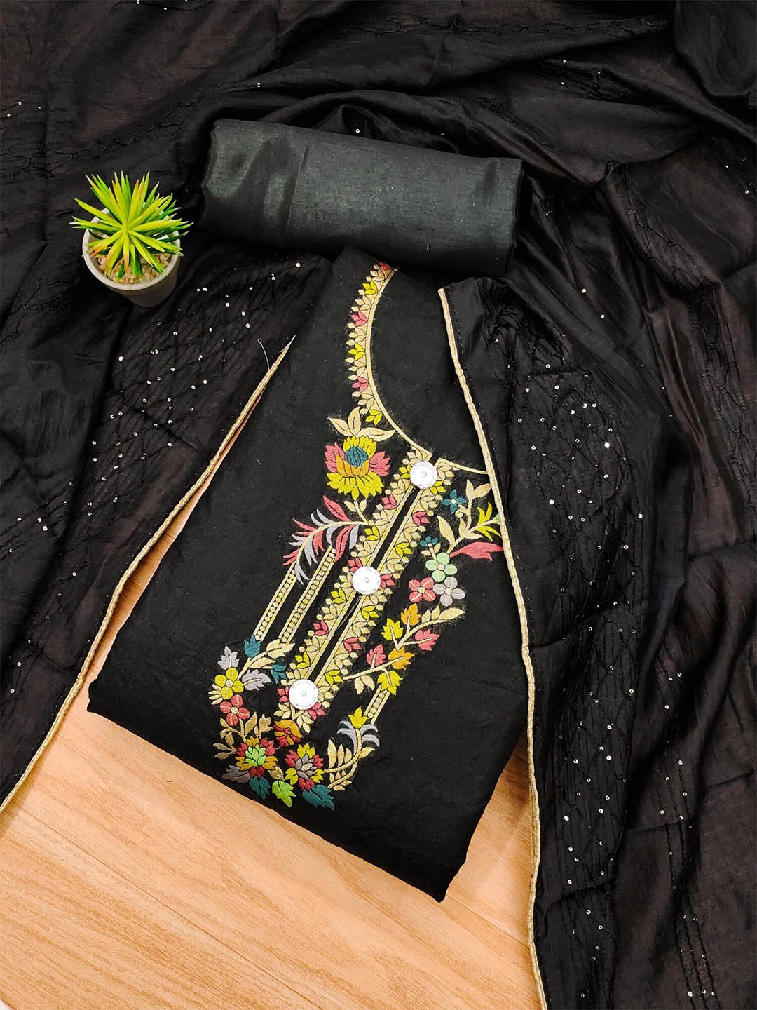 

KALINI Printed Embroidered Unstitched Dress Material, Black