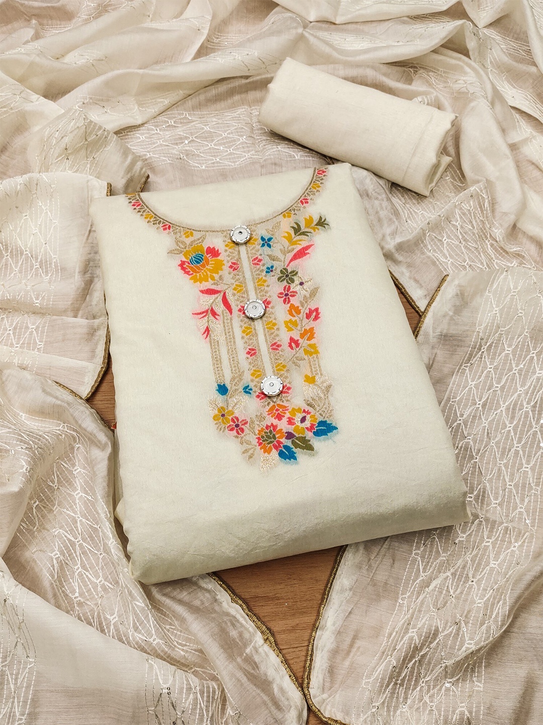 

KALINI Printed Embroidered Unstitched Dress Material, Off white