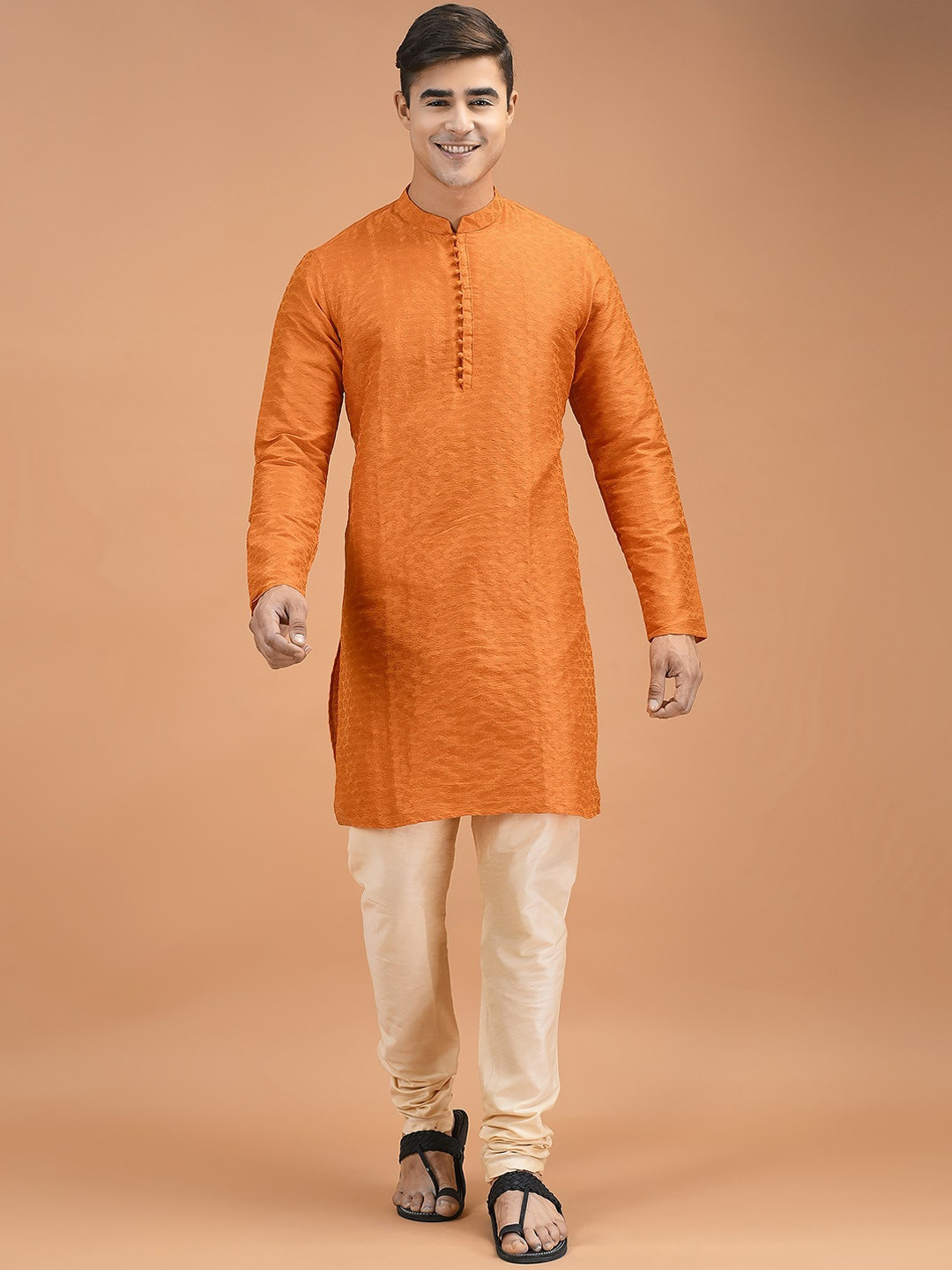 

DEYANN Mandarin Collar Regular Straight Kurta with Churidar, Orange