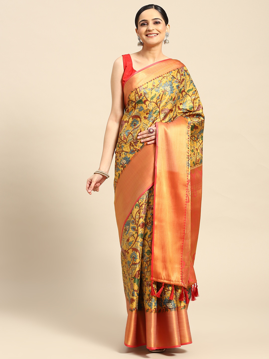 

Silk Land Floral Zari Art Silk Banarasi Saree, Mustard