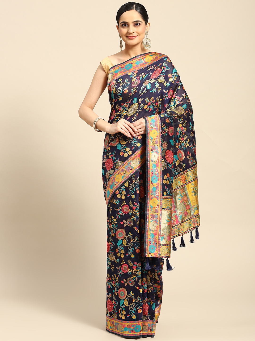 

Silk Land Floral Zari Saree, Navy blue