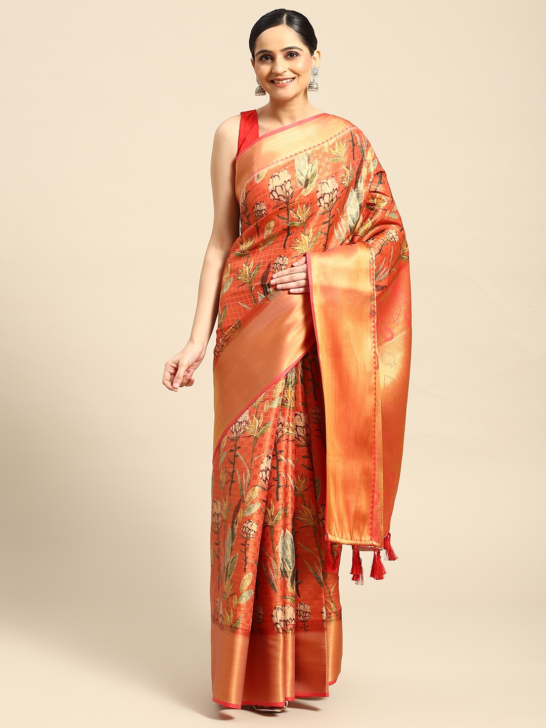 

Silk Land Floral Kanjeewaram Heavy Zari Art Silk Digital Print saree, Red