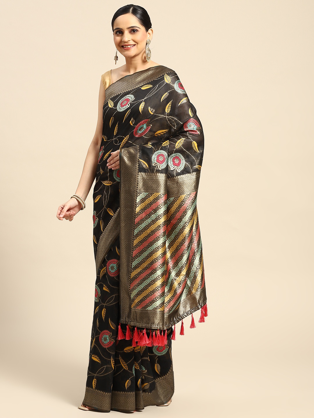 

Silk Land Floral Zari Saree, Black