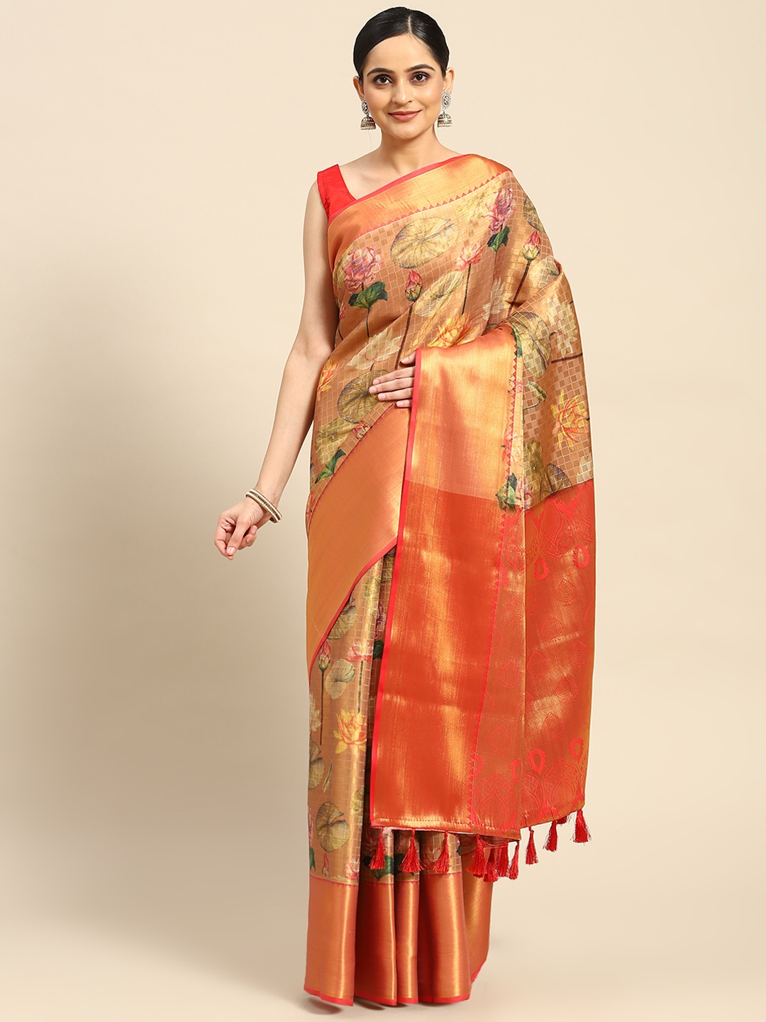 

Silk Land Floral Zari Art Silk Banarasi Saree, Beige