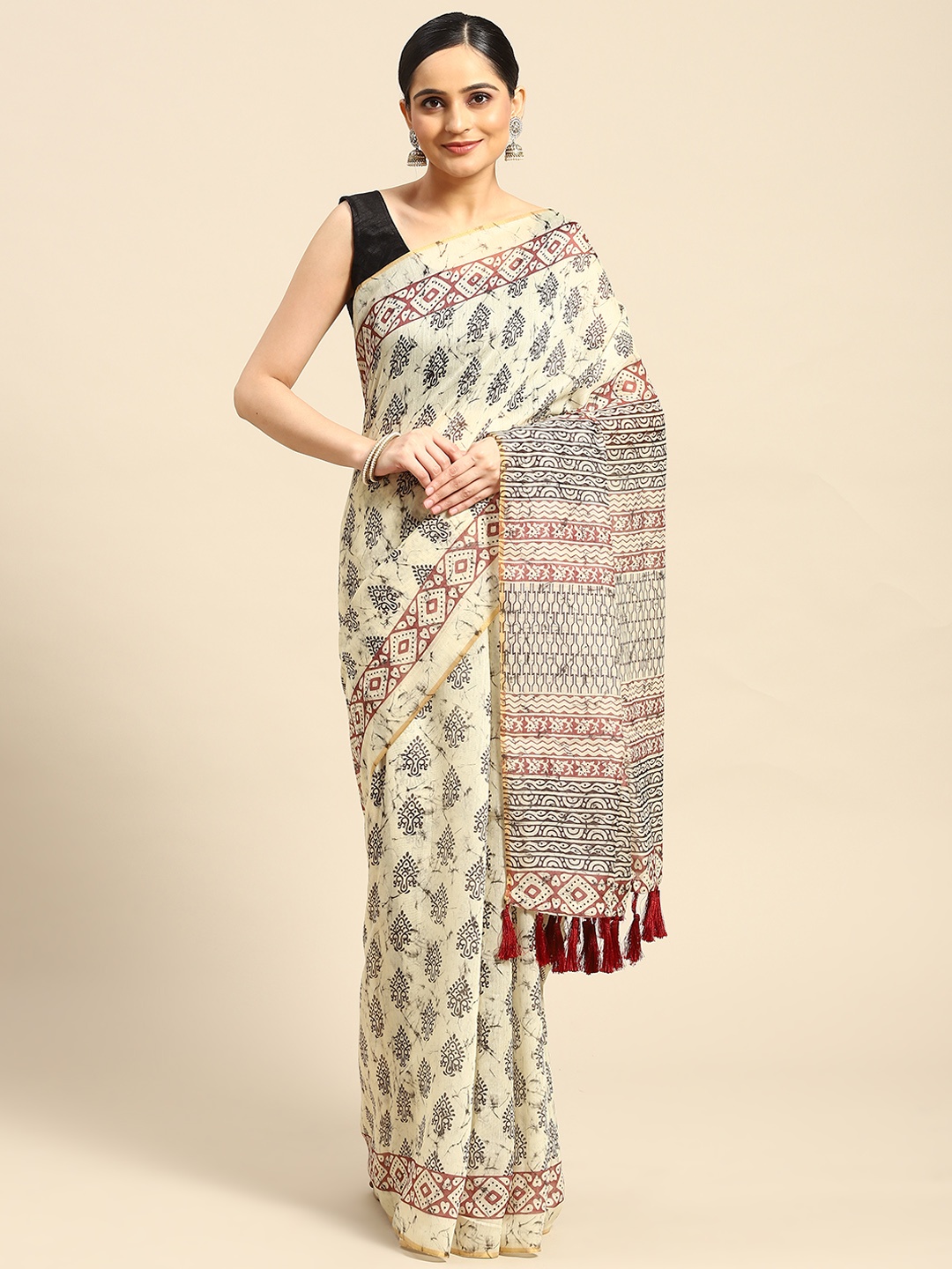 

Silk Land Bagh Block Print Saree, Beige