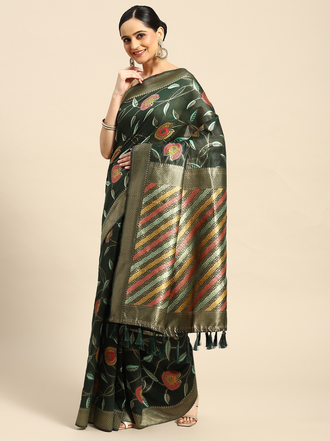 

Silk Land Floral Zari Saree, Green