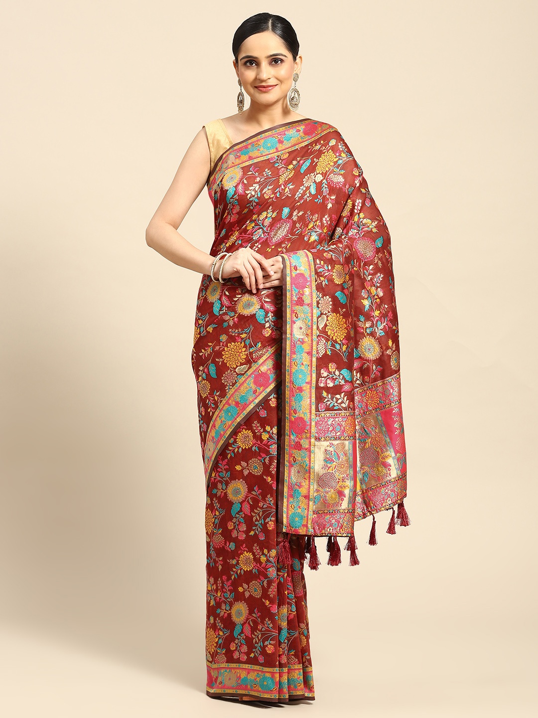 

Silk Land Floral Embroidered Saree, Red