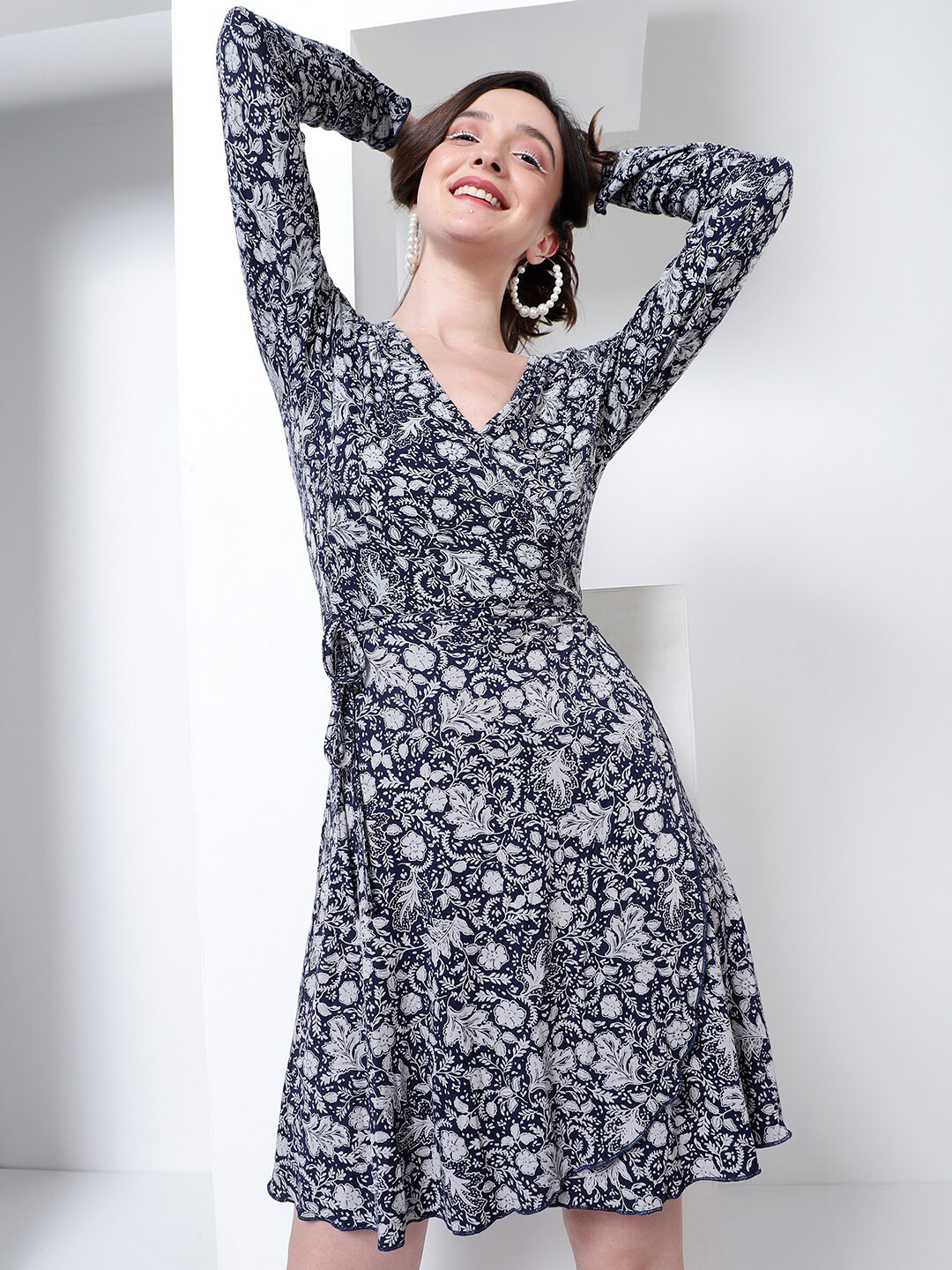 

KASSUALLY Floral Print Wrap-Round Mini Dress, Blue