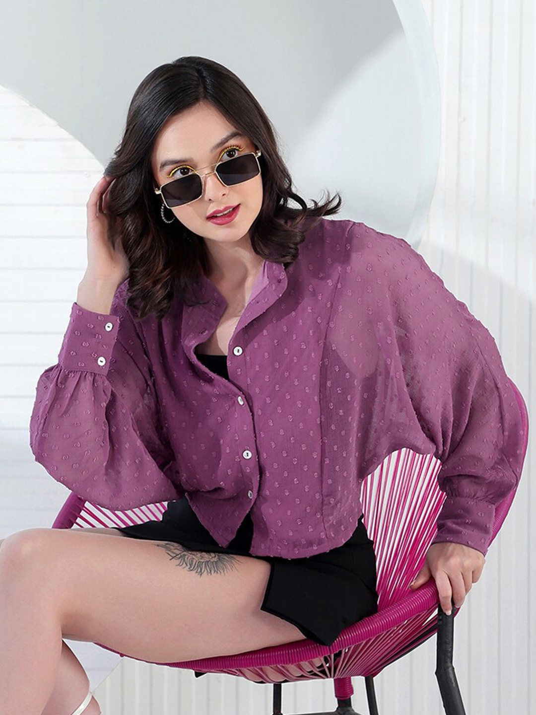 

KASSUALLY Mauve Semi Sheer Self Design Mandarin Collar Dobby Casual Shirt