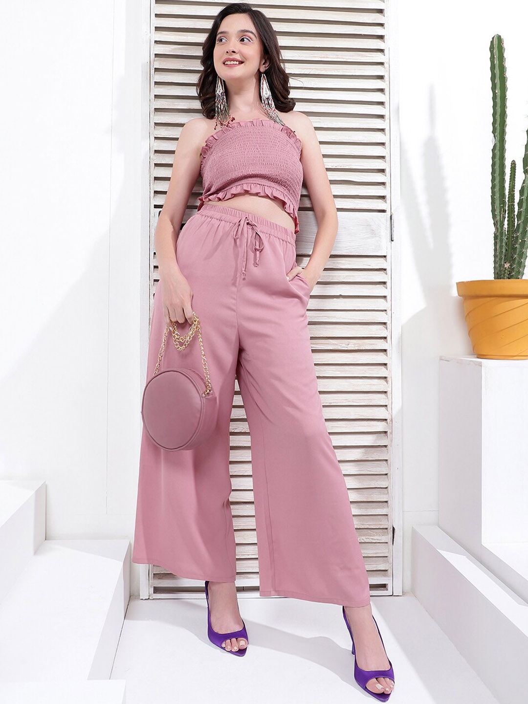 

KASSUALLY Strapless Smocking Crop Tube Top & Trousers Co-Ords, Pink