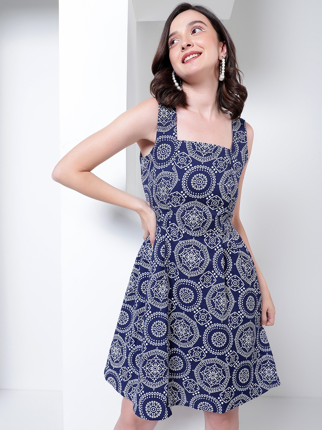 

KASSUALLY Ethnic Motifs Print A-Line Dress, Navy blue