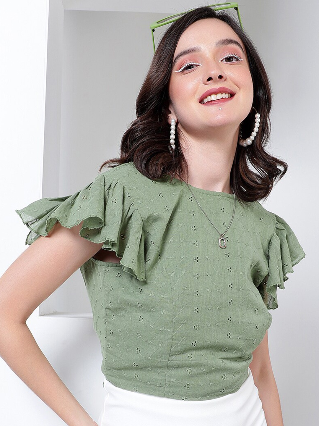 

KASSUALLY Flutter Sleeves Pure Cotton Crop Top, Green