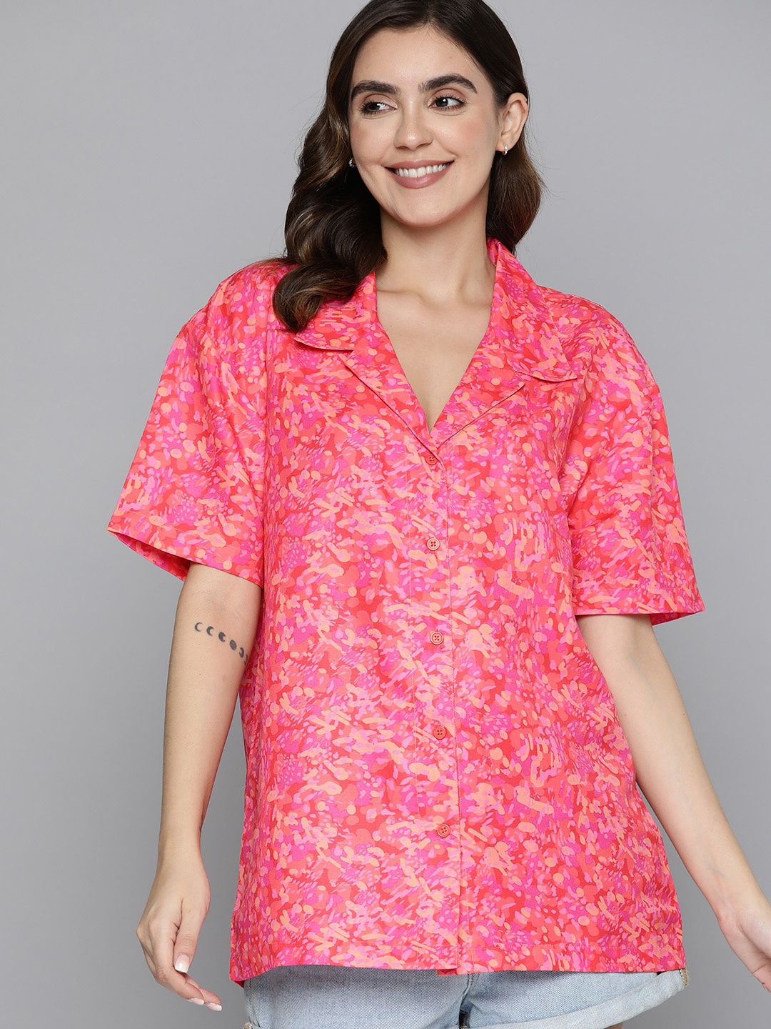 

Mast & Harbour Women Opaque Printed Satin Casual Shirt, Pink