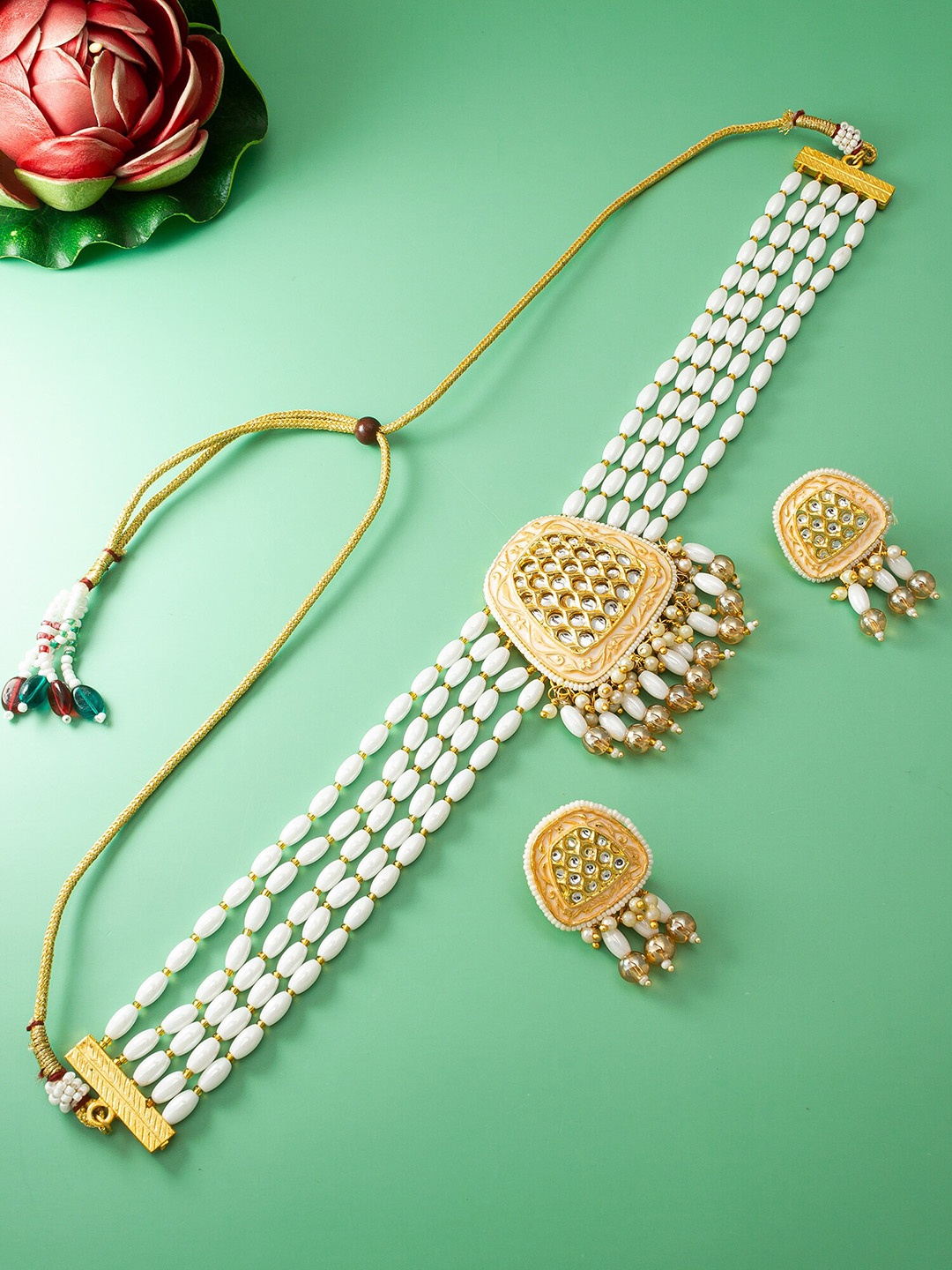 aadita Gold-Plated Stone-Studded & Beaded Jewellery Set