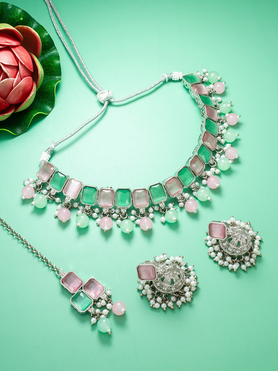 

aadita Silver-Plated Stone-Studded & Beaded Jewellery Set