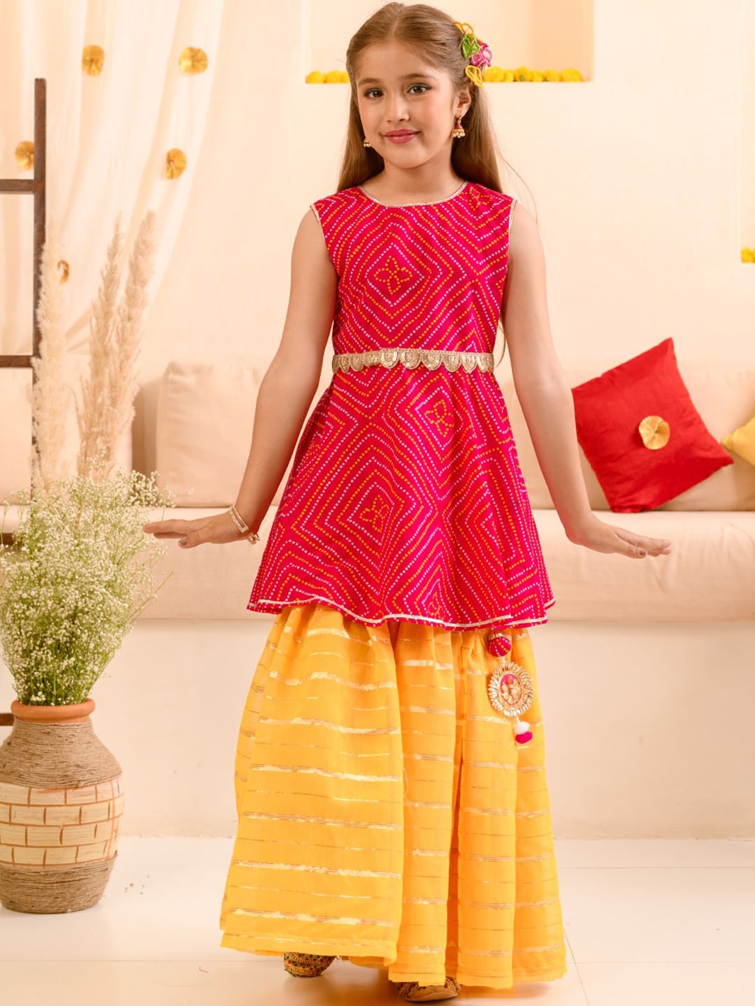 

pspeaches Girls Printed Regular Pure Cotton Kurta with Skirt, Red