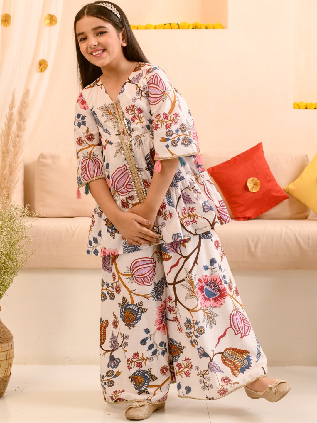 

pspeaches Girls Floral Printed Pure Cotton Kurta With Palazzos, Off white