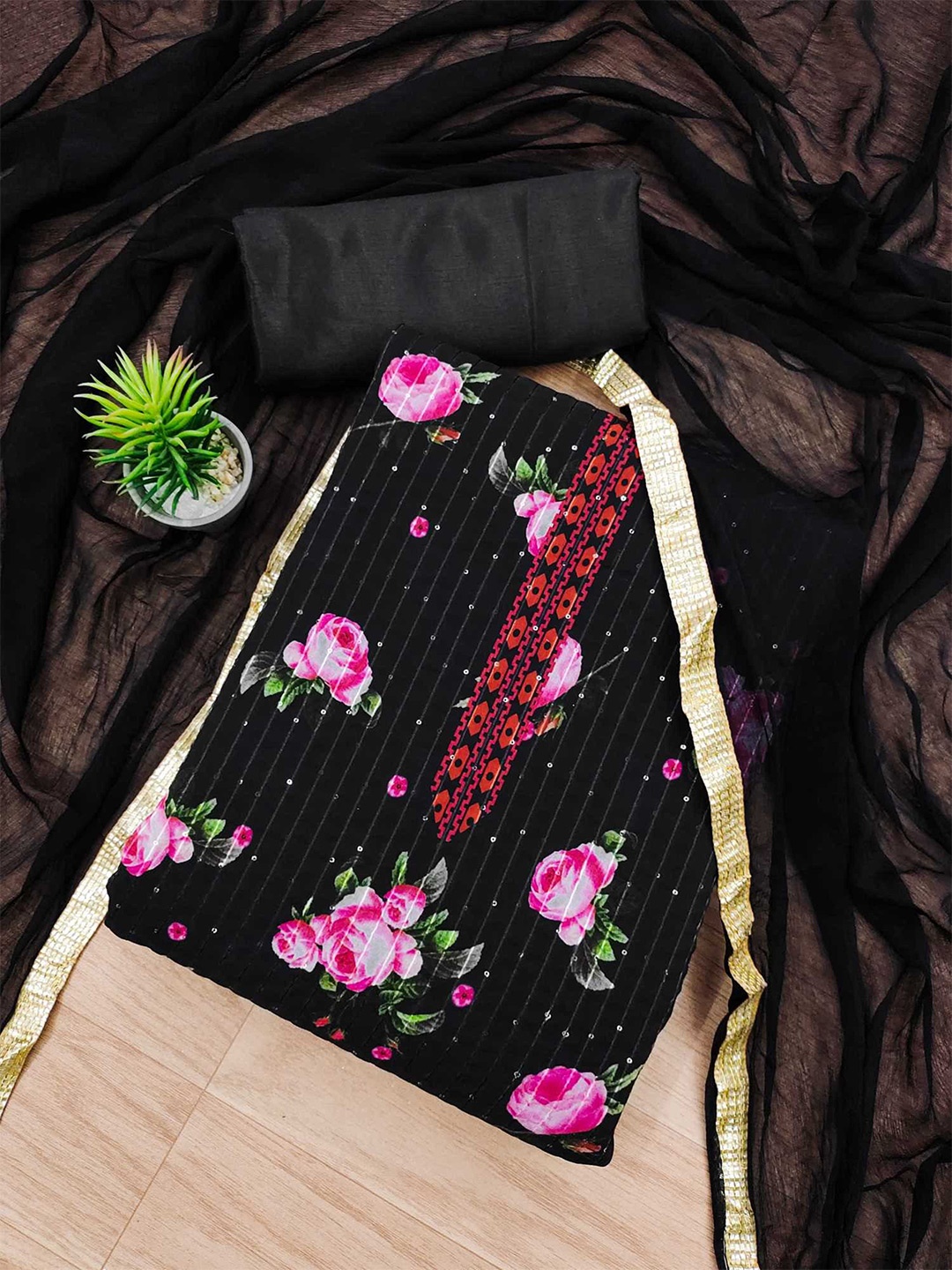 

KALINI Floral Printed Sequin Embroidered Unstitched Dress Material, Black