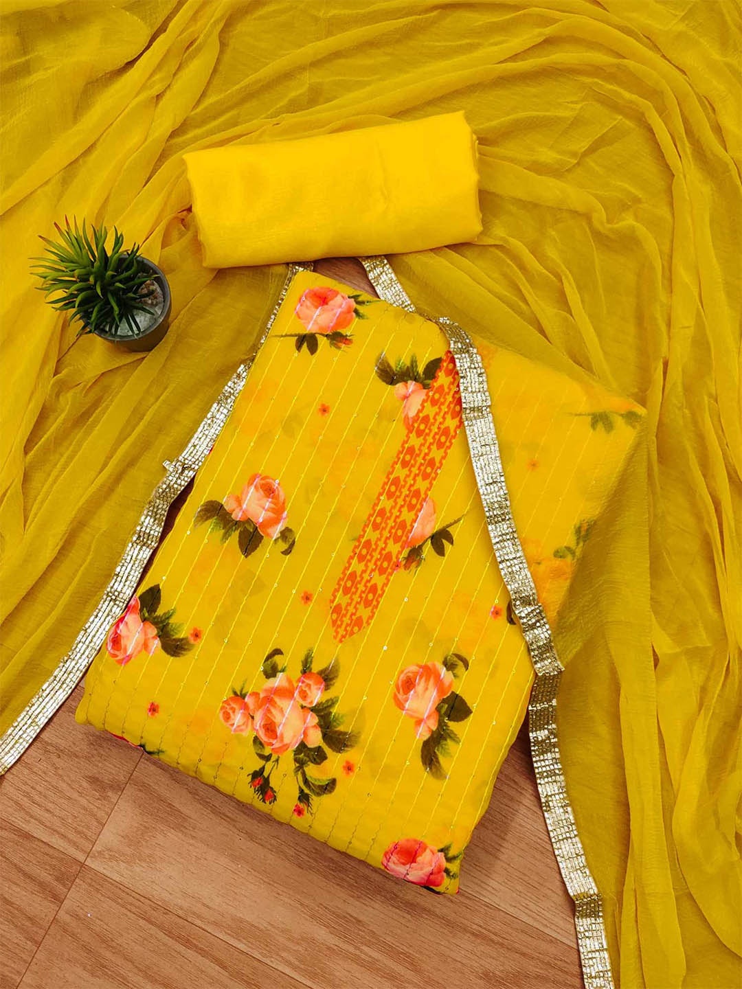 

KALINI Embroidered Unstitched Dress Material, Yellow