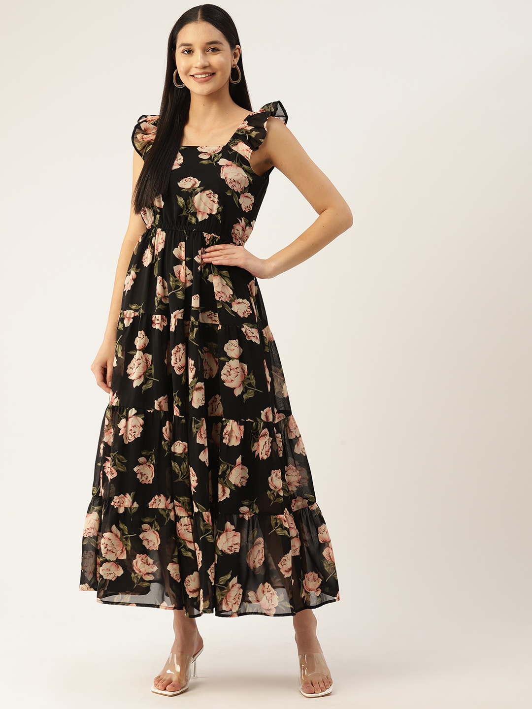 

Deewa Floral Print Georgette Fit & Flare Maxi Dress, Black