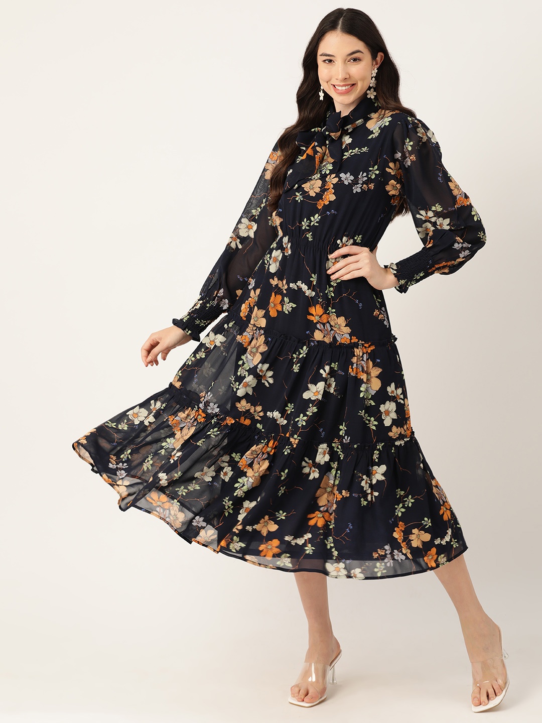 

Deewa Floral Print Tie-Up Neck Puff Sleeve Georgette A-Line Midi Dress, Navy blue