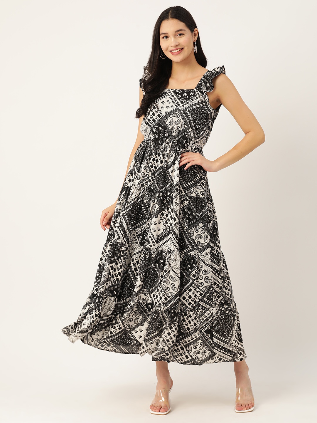 

Deewa Ethnic Motifs Print Georgette Fit & Flare Maxi Dress, White
