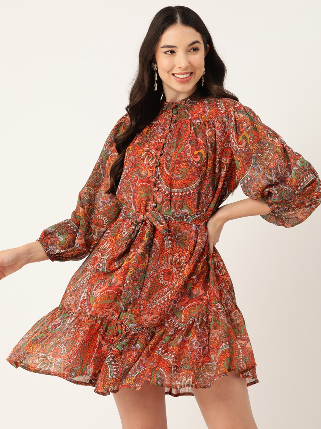 

Deewa Ethnic Motifs Print Puff Sleeve Chiffon Fit & Flare Dress, Orange