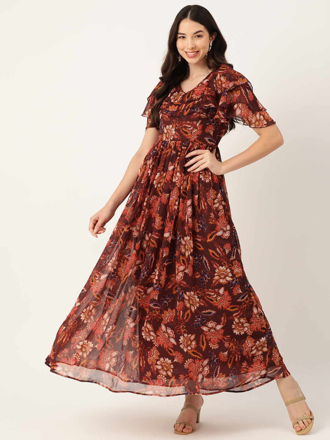 

Deewa Floral Print Flared Sleeve Chiffon A-Line Maxi Dress, Maroon