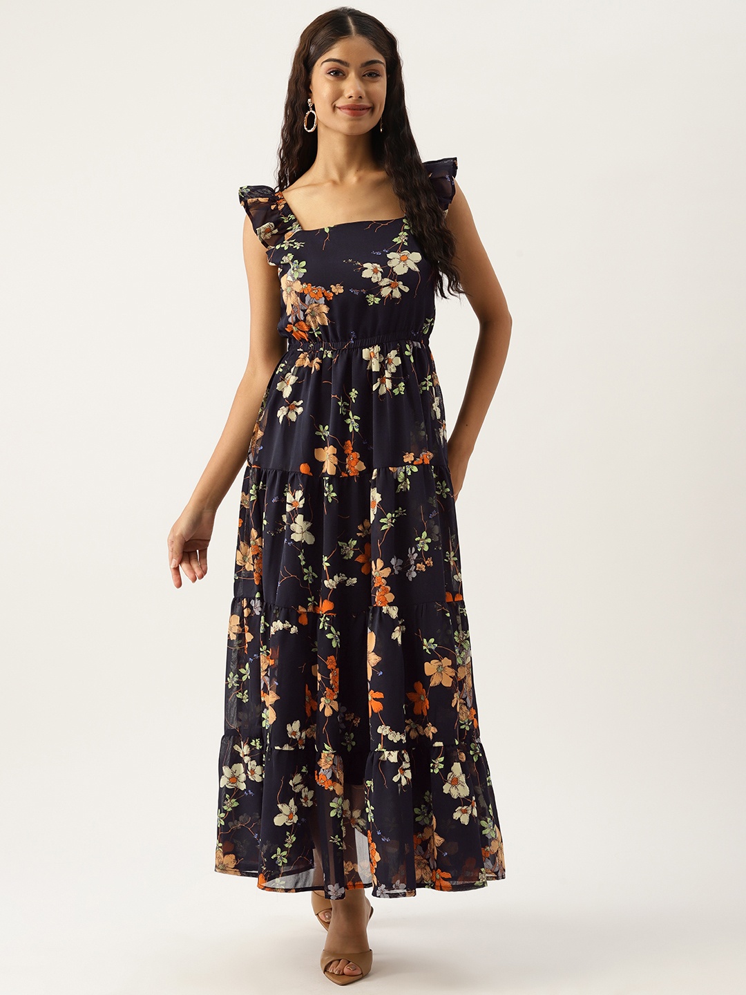 

Deewa Floral Print Georgette A-Line Maxi Dress, Navy blue