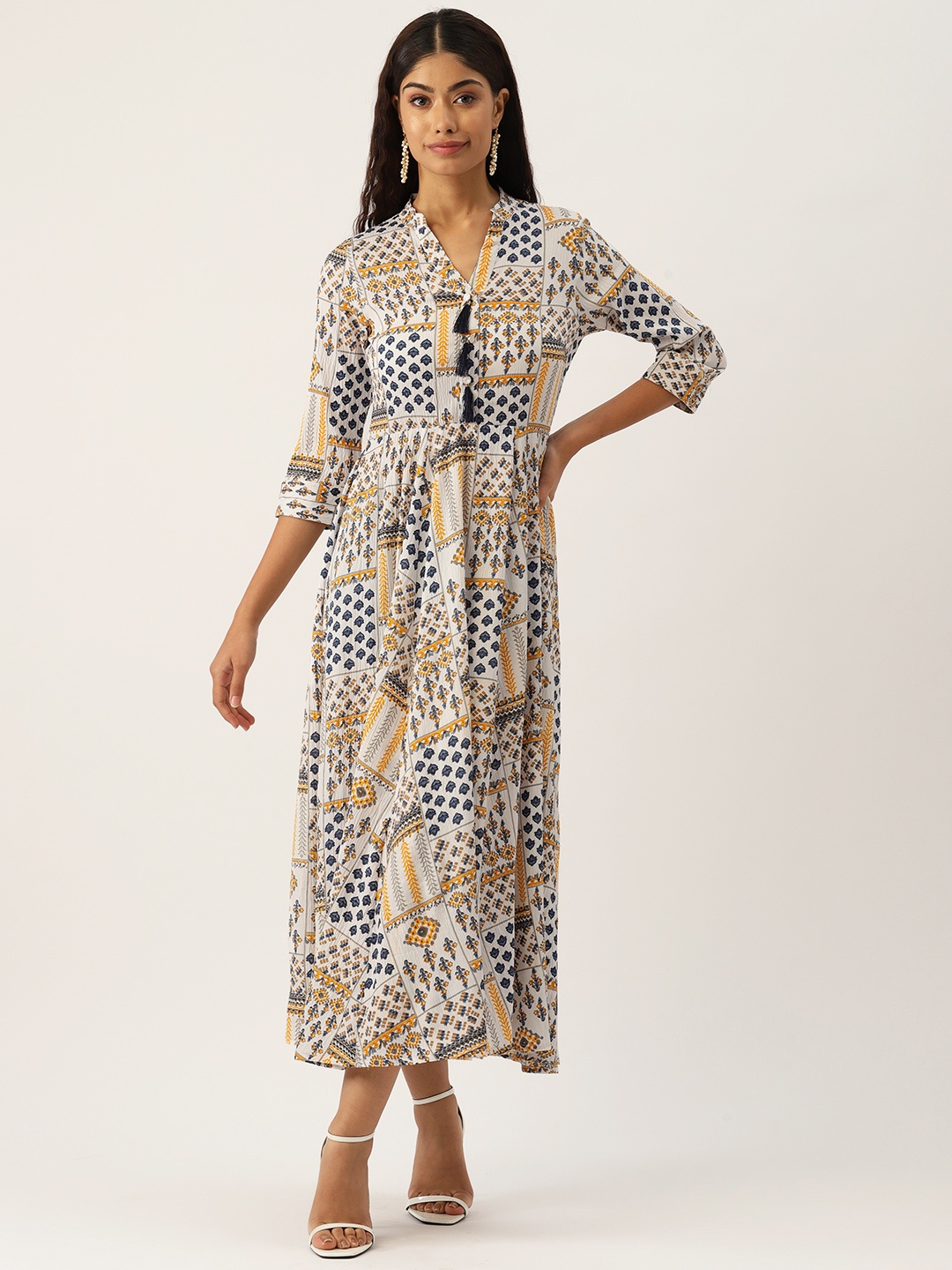 

Deewa Ethnic Motifs Print Crepe A-Line Maxi Dress, White