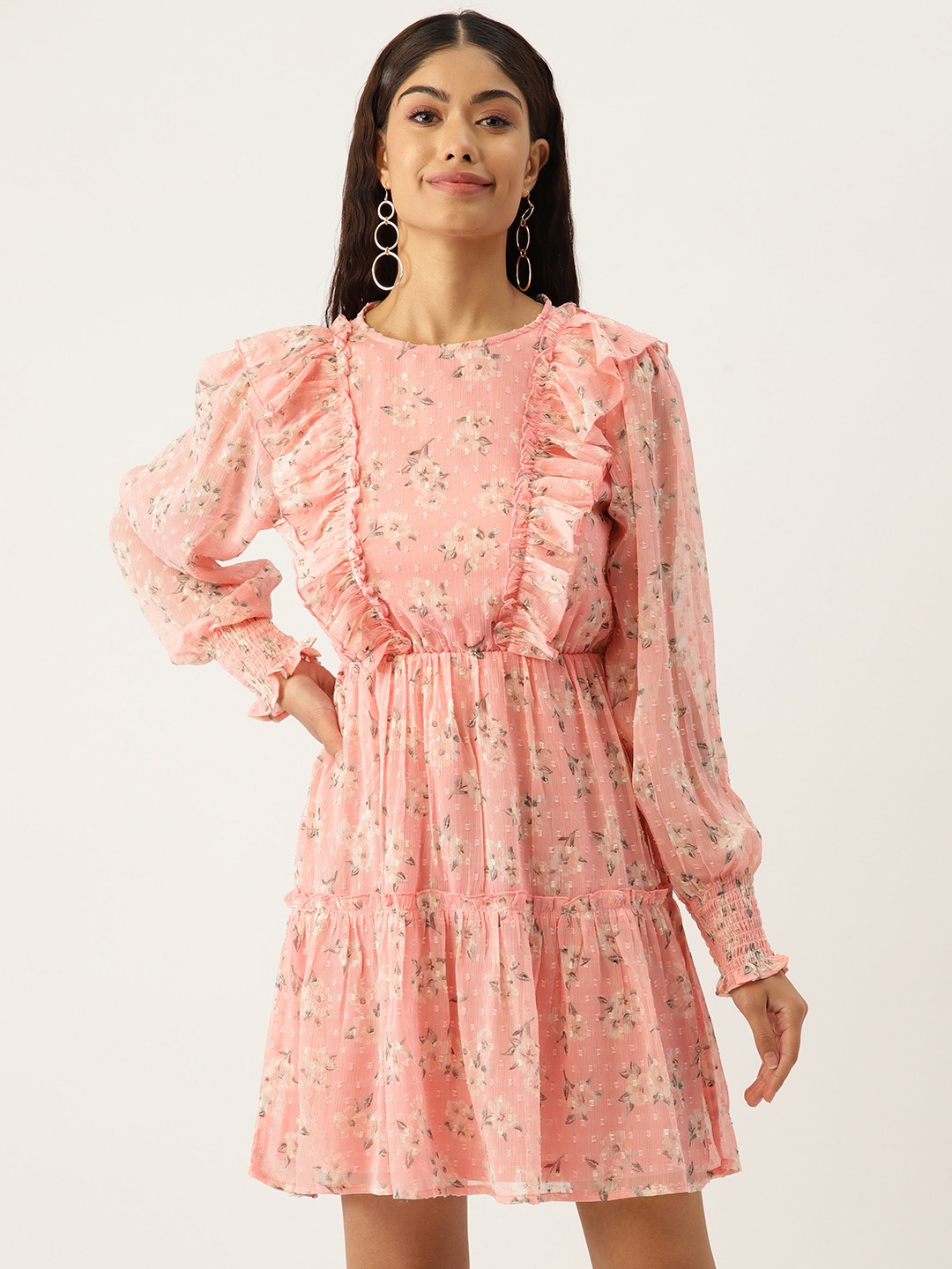 

Deewa Floral Print Puff Sleeve Ruffled Chiffon Fit & Flare Dress, Pink