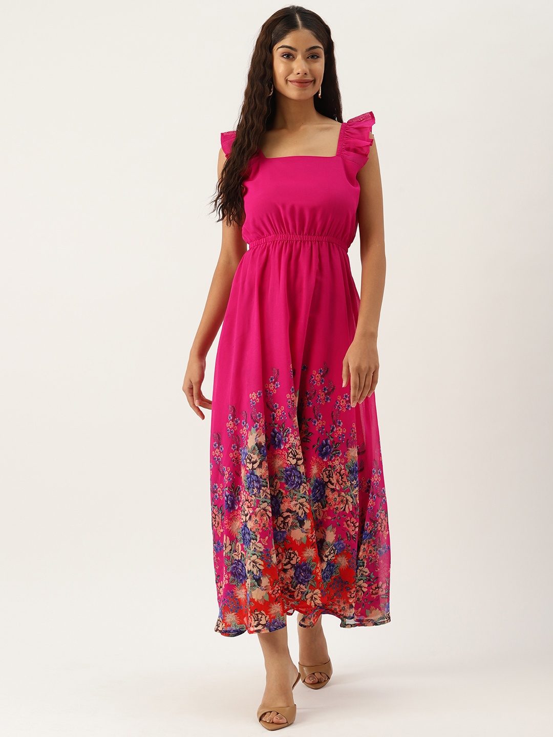 

Deewa Floral Print Georgette Fit & Flare Maxi Dress, Pink