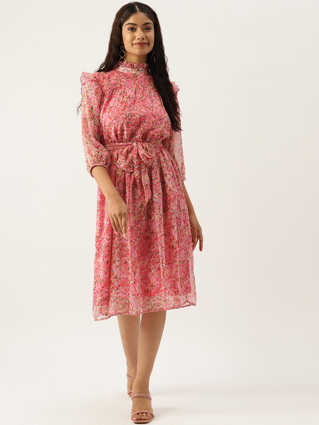 

Deewa Floral Print Puff Sleeve Chiffon Fit & Flare Dress, Pink